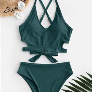 ZAFUL Ribbed Criss Cross High Waisted Tankini